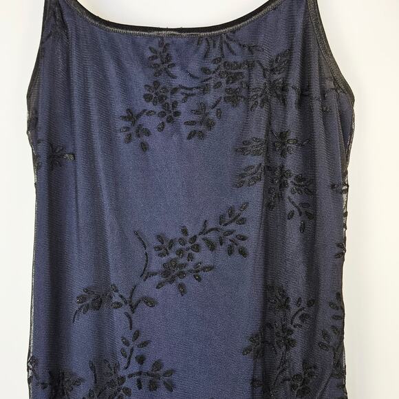 Y2K Navy Blue Black Velvet Burnout Mesh Floral Maxi Slip Dress Medium Whimsigoth - Picture 7 of 16